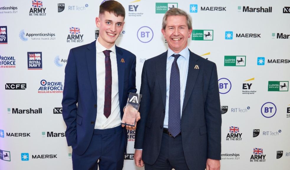 Barratt apprentice and winner Henry Powell; Duncan Eldridge, managing director, Marshall Aerospace (award sponsor)