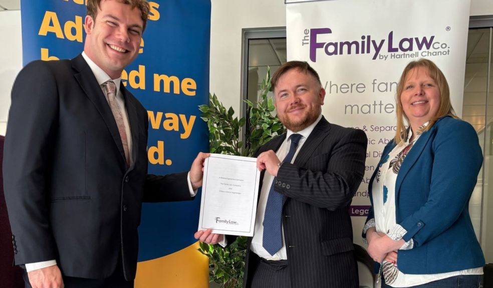 1. Thomas Glover and Kerry England from TFLC with (centre) Jacob Pritchard from CA Teignbridge Team members from a family law firm with representative from Citizens Advice Teignbridge