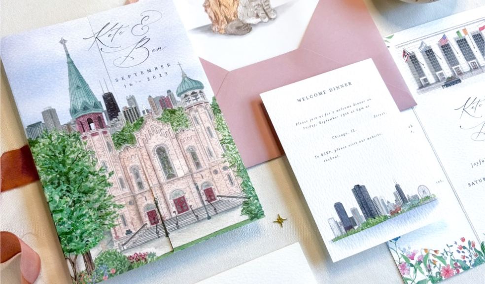 Luxury watercolour wedding stationery dog illustration by Otto & Nibs luxury watercolour wedding stationery dog illustration