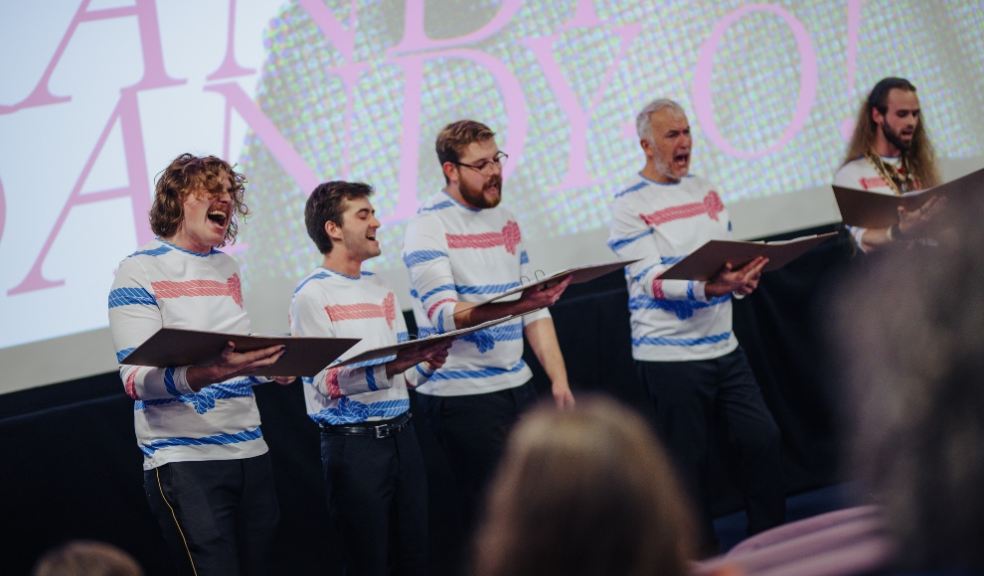 The choir led by Rhys Morgan (far left) performing at the British Art Show 9 symposium on November 11. Photo by Dom Moore.