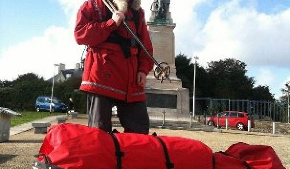 Antony Jinman, with the kit he will take on the expedition, in front of the Captain Scott memorial at Plymouth’s Mount Wise