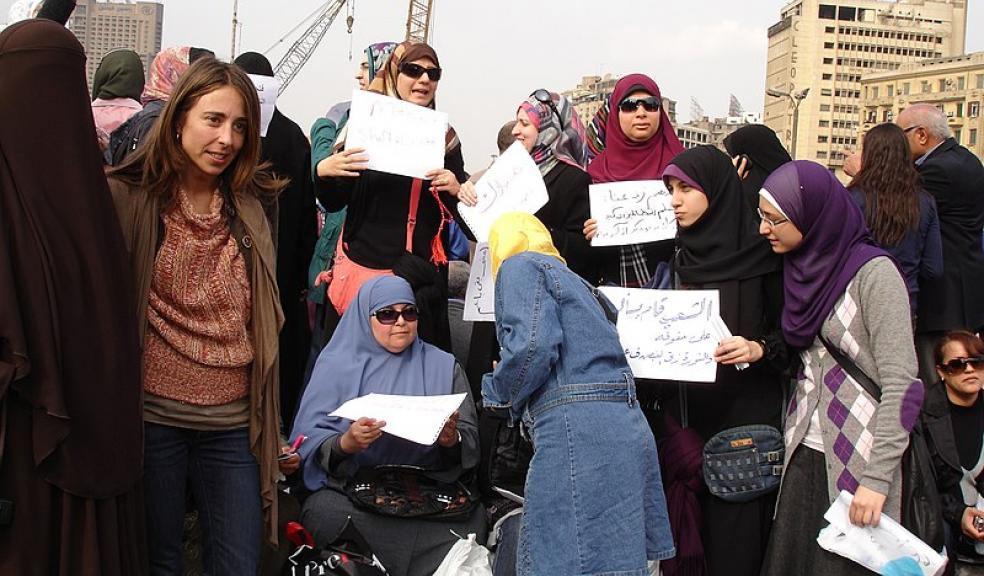 Women at Tahrir Square, Cairo, protesting against Hosni Mubarak. 2011