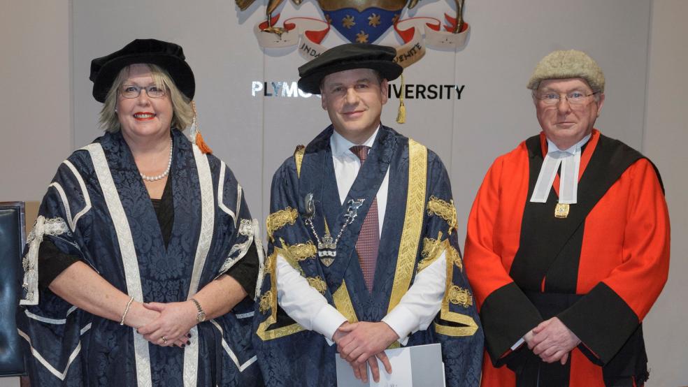 Lord Kestenbaum at the installation ceremony with Professor Wendy Purcell and His Honour Judge William Taylor, Chair of the Board of Governors