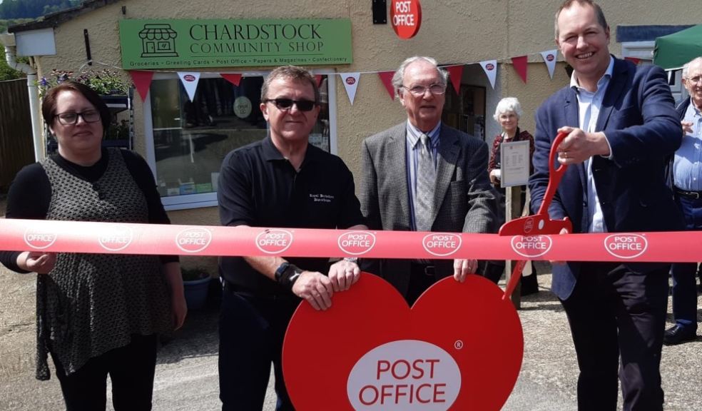 L-R: Postmistress Emily Baskett, Operations Manager for Chardstock Community Shop James Willis, Brian Durrant Chardstock Community Shop committee Chairman MP for Tiverton and Honiton, Richard Foord.