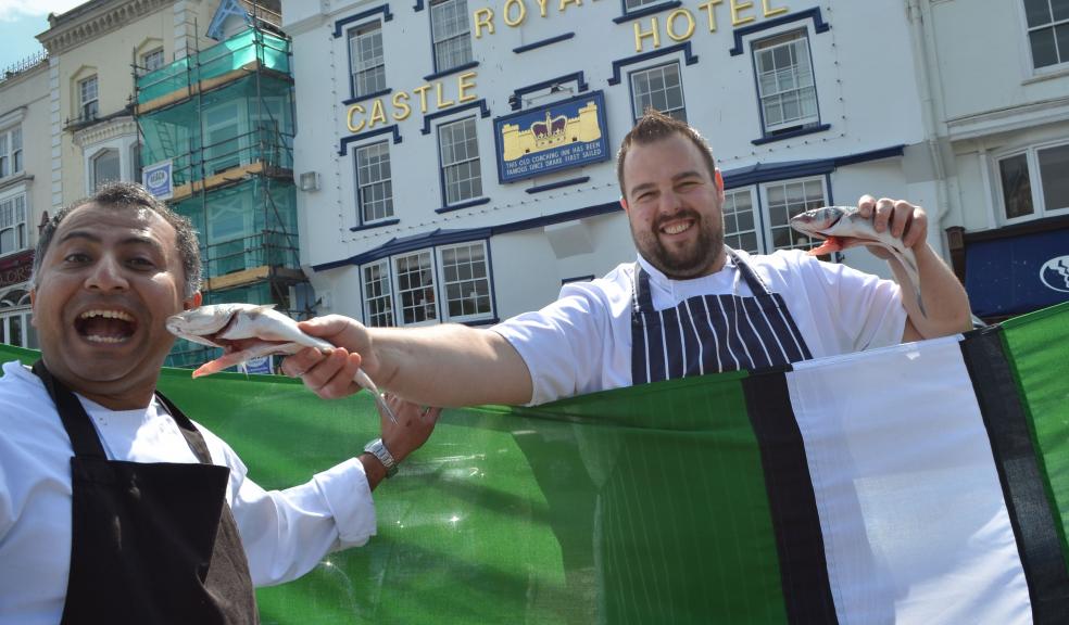 The Royal Castle Hotel in Dartmouth Celebrates Devon Restaurant Month With Devonians Stay For Free Offer. Picture shows Left to right - Ankur Biswas - head chef, and Miguel Tenreiro - sous chef, in front of The Royal Castle Hotel, Dartmouth, celebrating the start of Devon Restaurant Month.