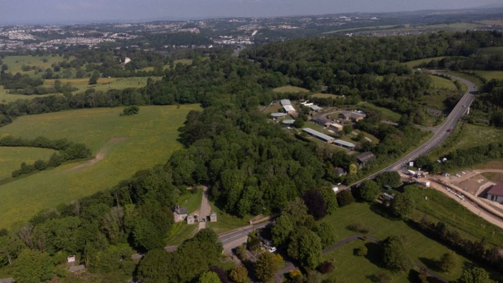 Drone image of Saltram East on the left, with the exit and Stag Lodge ©National Trust Images Steven Haywood.