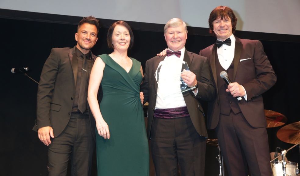 Great British Care Awards. Celebrity host Peter Andre, event sponsor Rachael Anstee from Hazlewoods, Southern Healthcare managing director Geoffrey Cox, and compere Steve Walls.