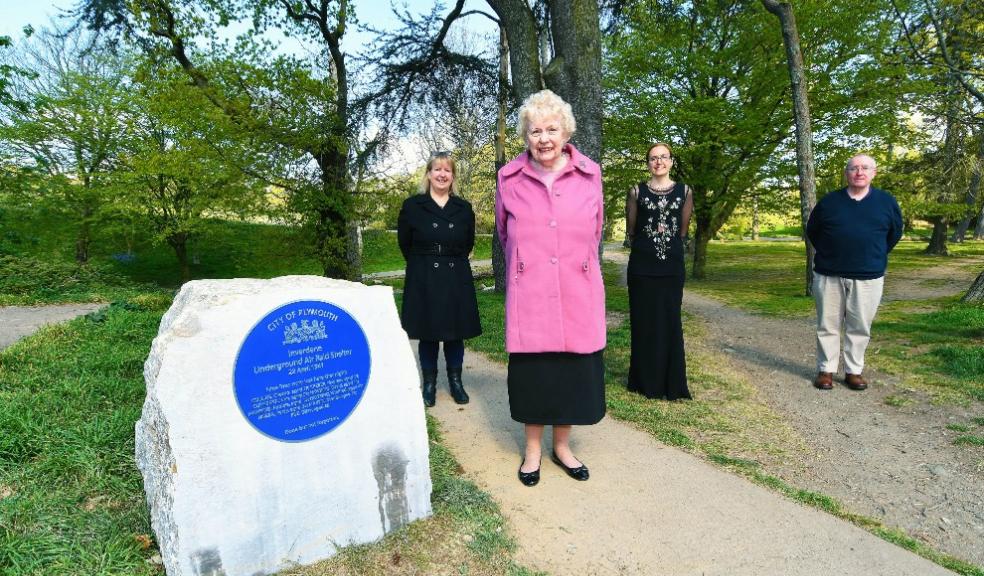 From L-R: Rachel Eyley (daughter of Shirley Stapley); Shirley Stapley; Louisa Blight, Collections Manager at The Box; Alan Barclay, Collections Assistant at The Box with the Inverdene air raid shelter plaque. Blue plaque unveiled in honour of Plymouth air raid shelter