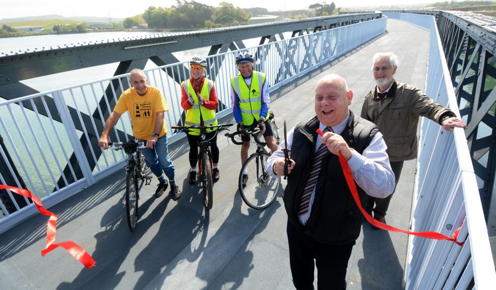 Councillor Mark Coker opening the new Laira Rail Bridge path with (left to right) Stuart Mee (Plymouth Cycling Campaign), Sue Jennings and David Hext (Sustrans) and Colin Woodman (Cyclists’ Touring Club)