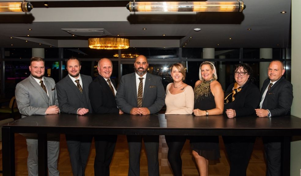 Hilton-Ames executive Chauffeurs celebrate re-launch at the Forge, Winslade Manor. L-R: Macaulay Jo, Matt Mills, Paul Newman, Andy Hilton, Kylie Hilton, Louise Ames, Eva Conibear, Marchant.