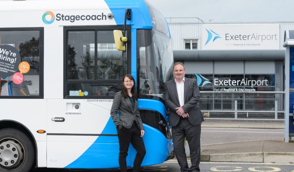 Stagecoach South West Marketing Manager Sarah Clark (Left) with Exeter Airport Managing Director Stephen Wiltshire (Right) shown next to the new 4A service at Exeter Airport.