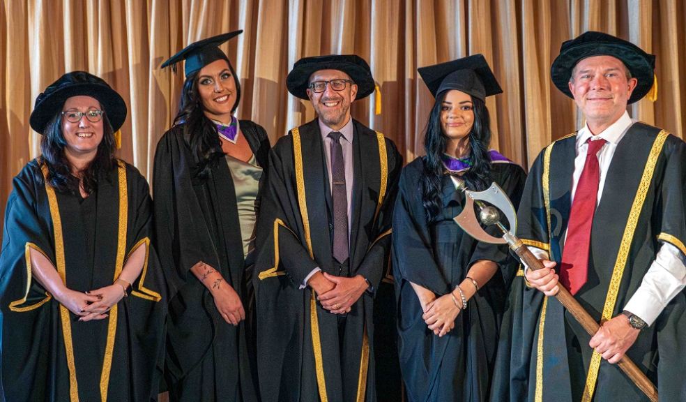 Kat Jones, Dean of HE, graduate Kate Heath, Laurence Frewin, Principal and CEO, graduate Hannah Keeley and Matt Harbour, Deputy Principal and CEO.