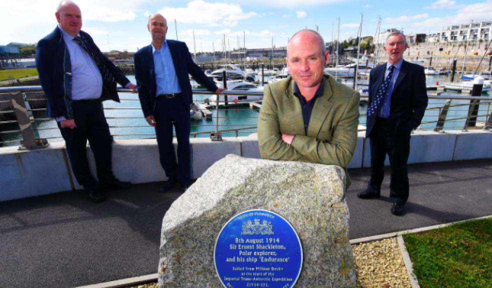 From L-R: Councillor Glenn Jordan, Cabinet Member for Culture, Plymouth City Council; Paul Brookes, Executive Director, Plymouth History Centre; Antony Jinman, Explorer in Residence, Plymouth History Centre and Councillor Ian Bowyer, Leader, Plymouth City Council photographed by the plaque dedicated to polar explorer Ernest Shackleton, Millbay.