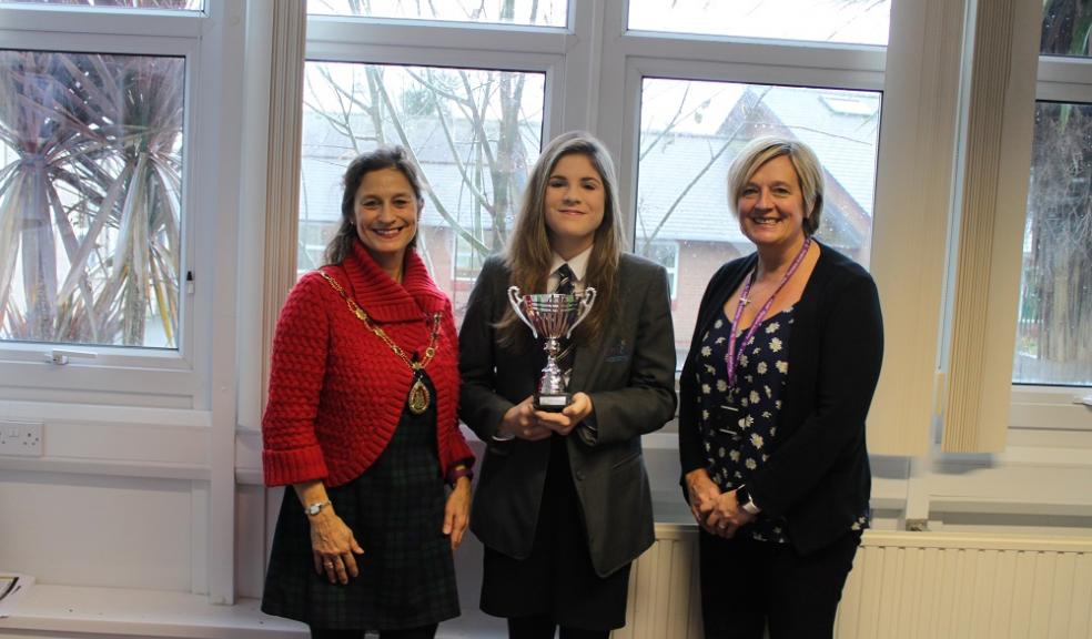Photo caption, From left to right, Plympton Stannator Natalie Harrison, Plympton Academy student Charlotte North and Lisa Boorman, Principal of Plympton Academy.