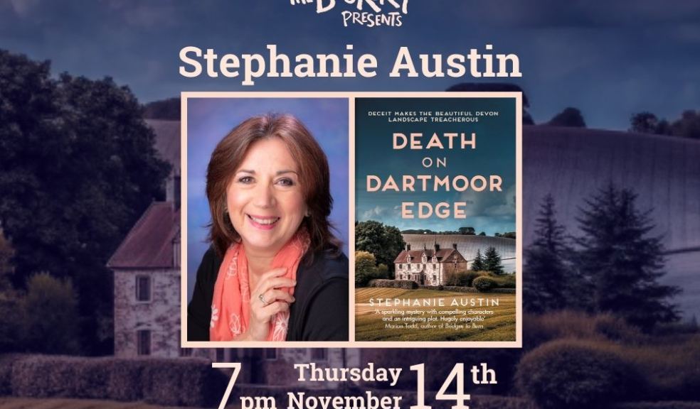 Author portrait of Stephanie Austin and cover of her book 'Death on Dartmoor Edge'