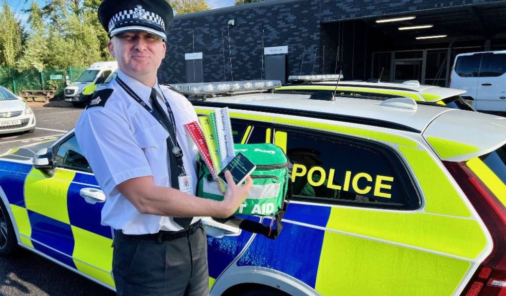 Photo caption: Superintendent Robert Youngman with First Aid bag, Ten Second Triage wristbands and Nalaxone box)