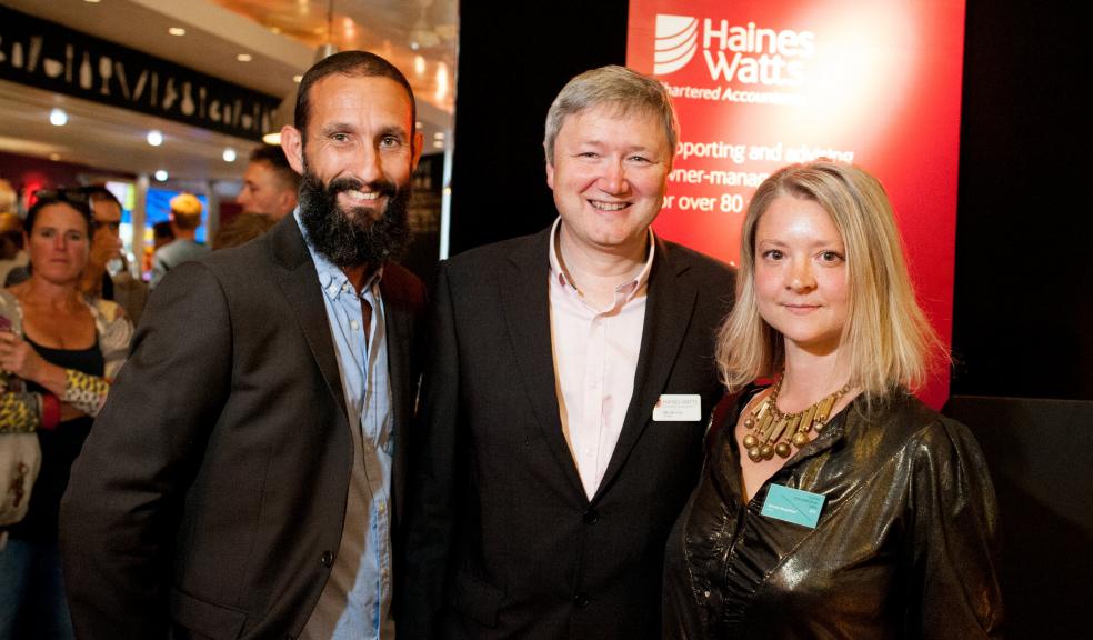 Photograph by James Millar Photography - Matt Burrows (Art Curator at Exeter Phoenix) / Ben De Cruz (Partner at Haines Watts) / Hannah Murgatroyd (Winning Artist)