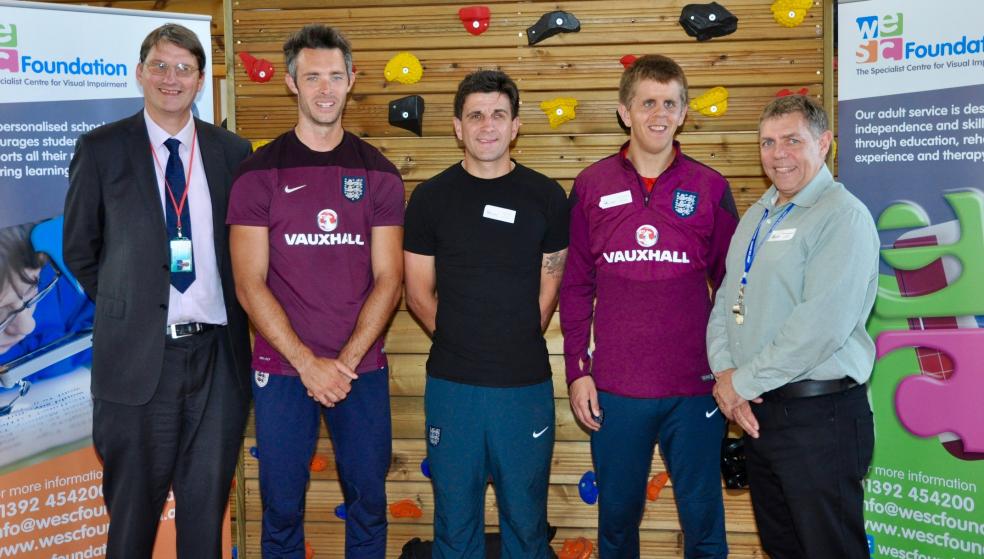 PHOTOGRAPHY BY GLEN KING - Jon Duckham – Fundraising Manager, WESC/ Dan James – Sighted Goalie, England Blind Football Team/ Keryn Seal – Captain, England Blind Football Team/ Robin Williams – Striker, England Blind Football Team/ Richard Carpenter – Listen2Win