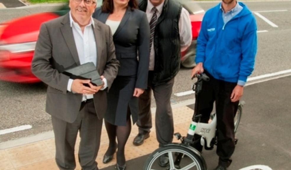 Council Leader Tudor Evans, Amey Watchman-in-Chief Victoria Hutchins, Cabinet Member for Transport Councillor Mark Coker and Senior Transportation Planner Jim Woffenden on the new cycling and walking link near the St Budeaux bypass