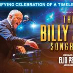 Elio Pace with The Billy Joel Songbook on a blue and red colourful background with large gold font