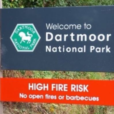 Sign saying welcome to Dartmoor and high risk fires