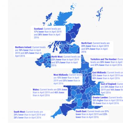 map showing shortage of properties coming to market in each region